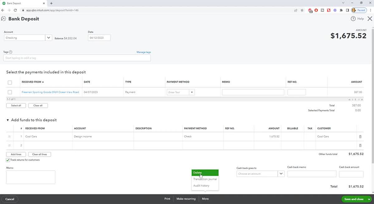 A screenshot showing how to delete a bank deposit in QuickBooks.