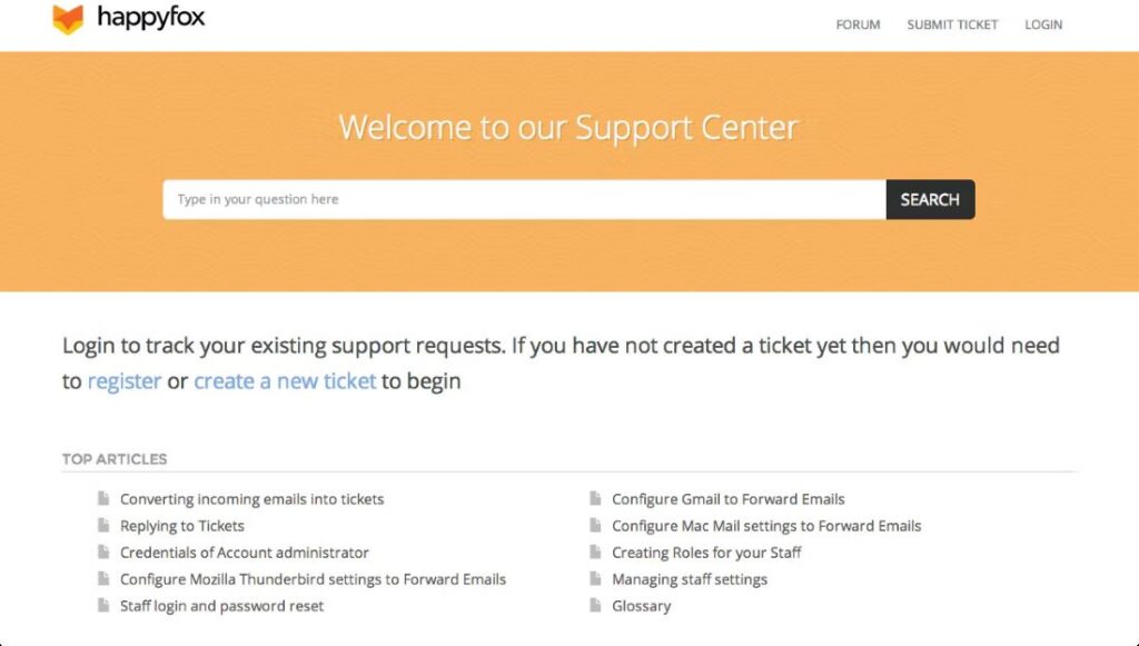 Product shot of a HappyFox customer portal.