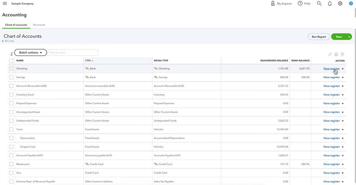 A screenshot of an open chart of accounts in QuickBooks.