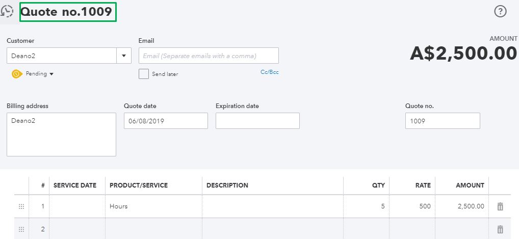 Screenshot of a quote template in QuickBooks.