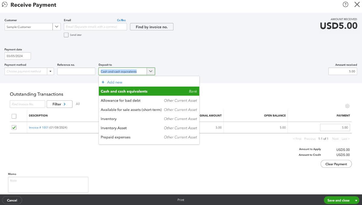 A screenshot of the "Receive Payment" screen in QuickBooks, showing the "Deposit to: Cash and cash equivalents" dropdown.