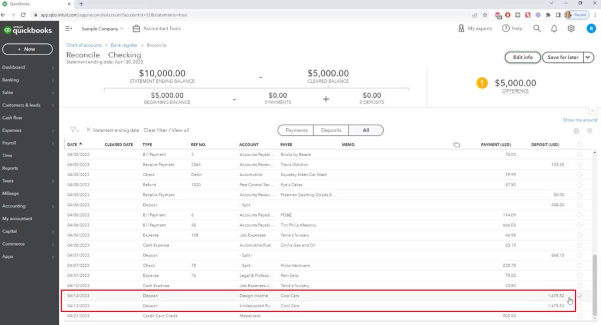 A screenshot of the "Reconcile Checking" screen.