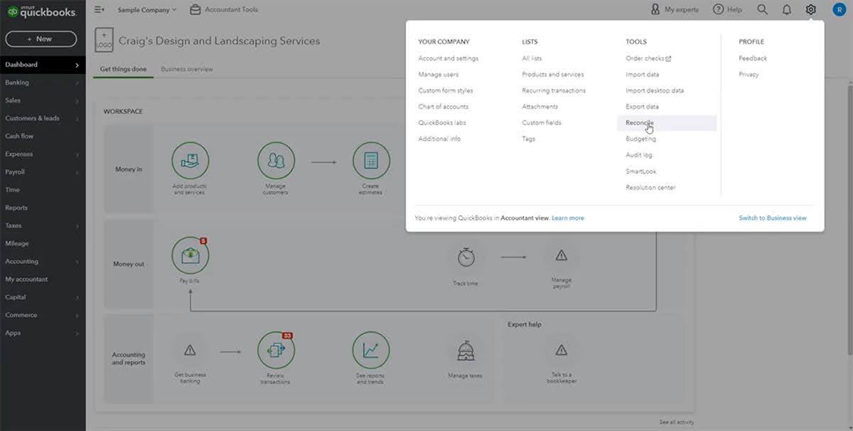 A screenshot showing the "Reconcile" menu in QuickBooks.