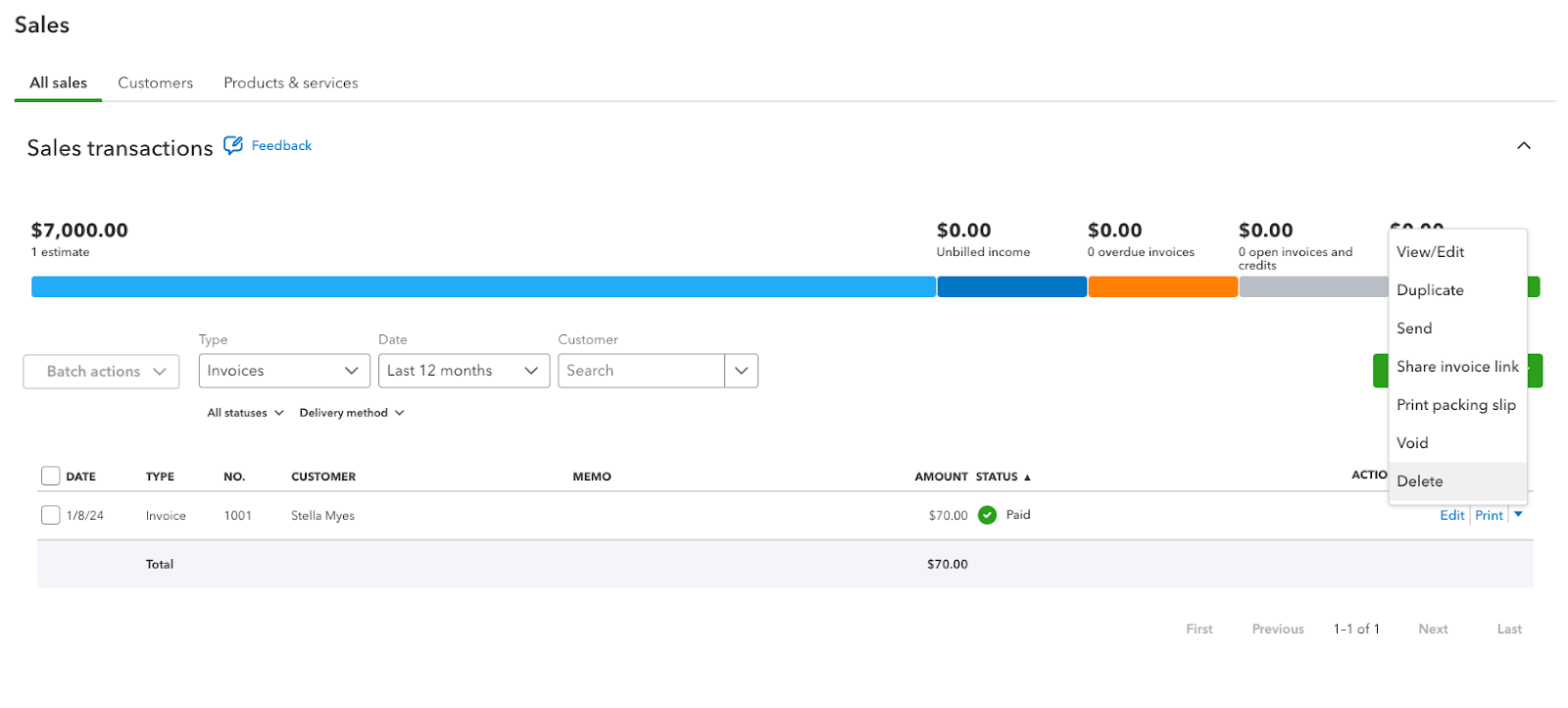 A screenshot showing how to view/edit and delete an invoice in QuickBooks