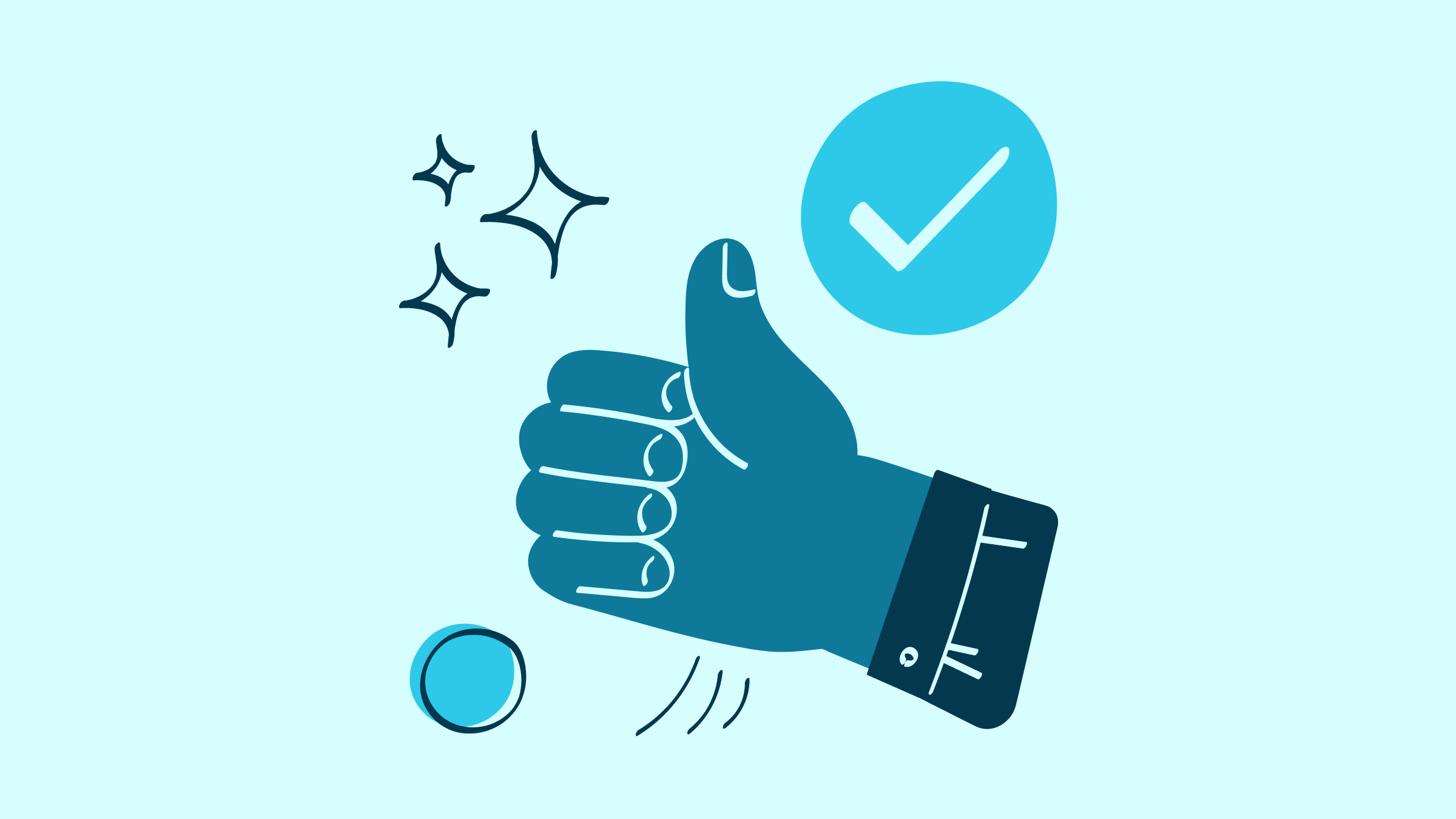 Teal illustration of a hand giving a thumbs up, with a checkmark next to it.