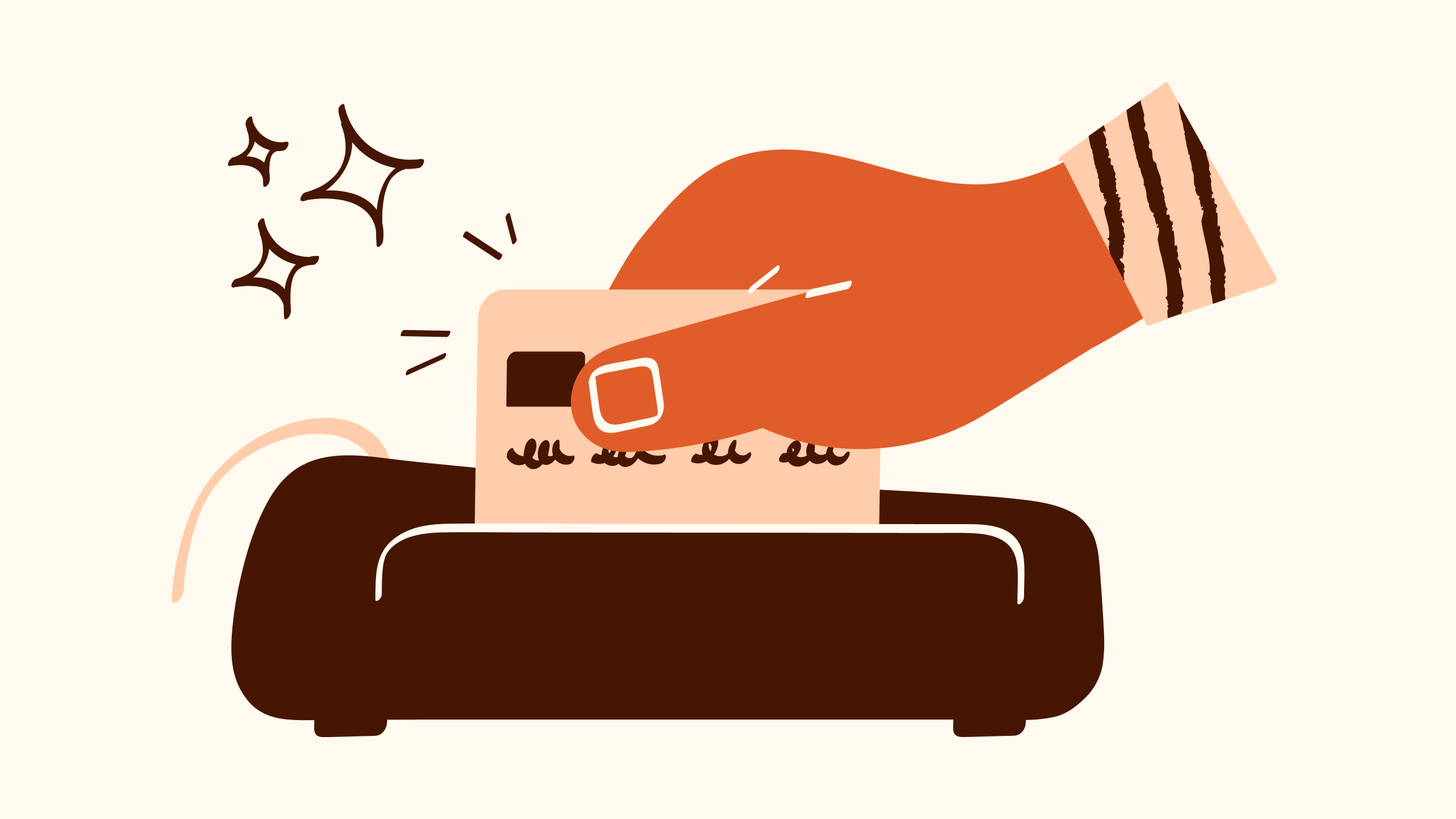 An orange illustration of a person swiping a credit card.