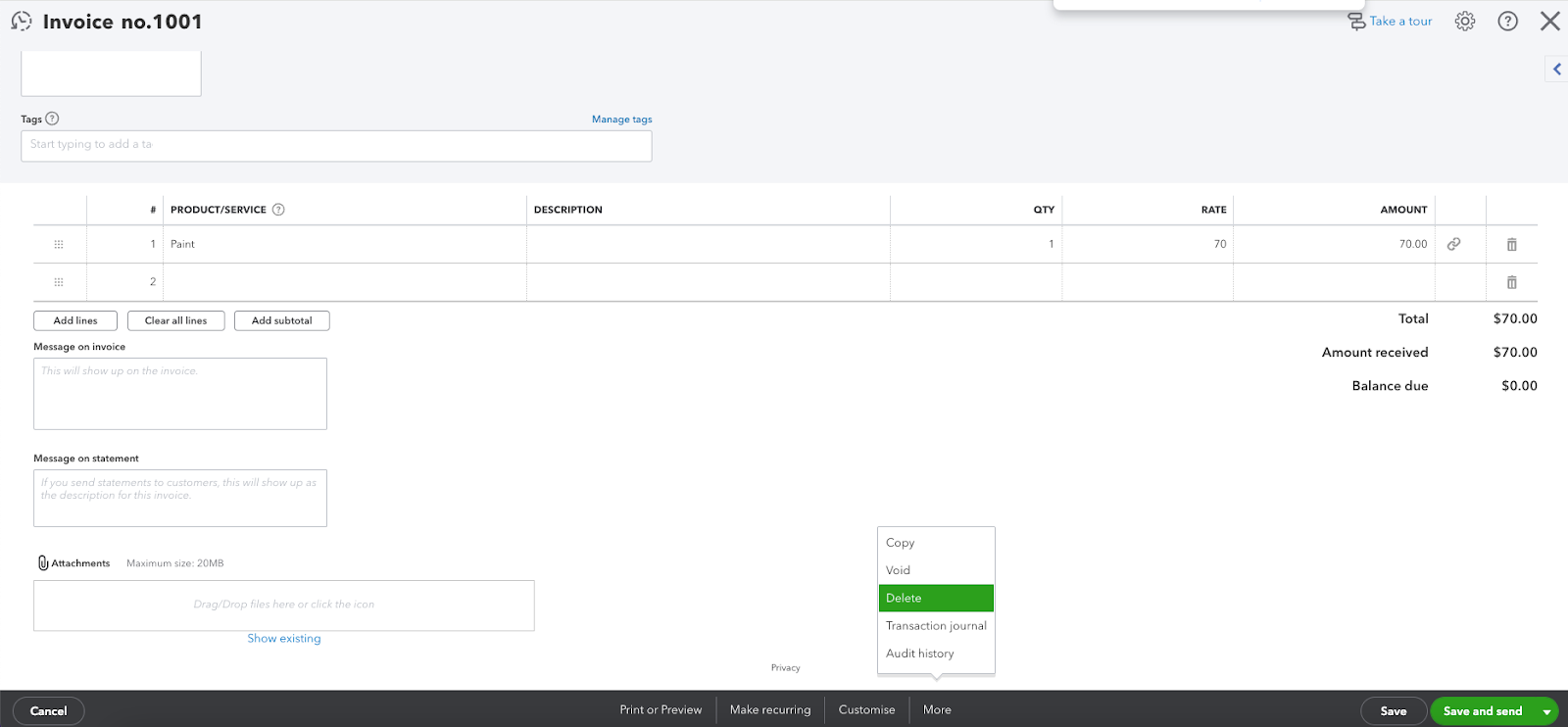 A screenshot showing how to delete a transaction in QuickBooks.