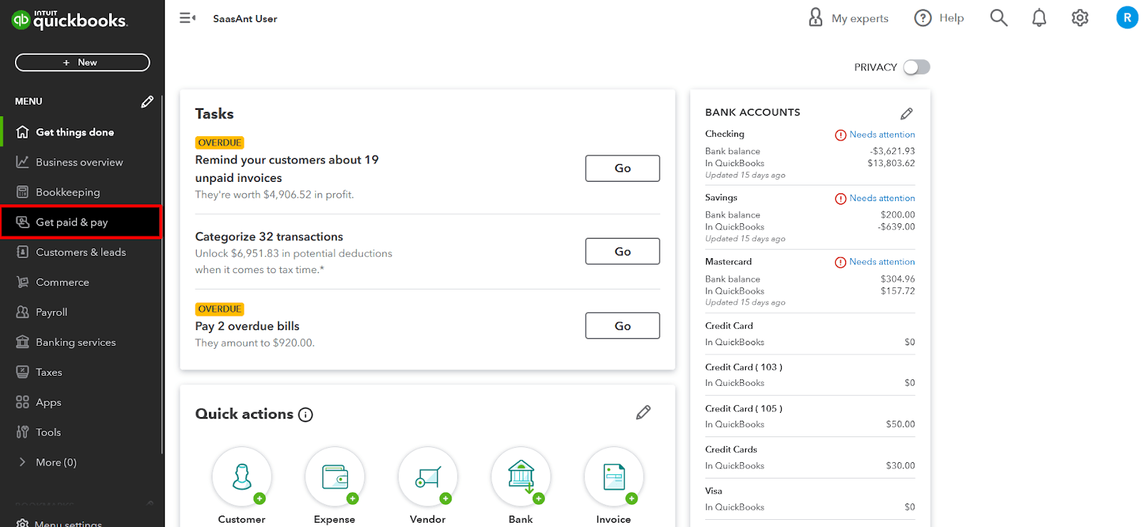A screenshot showing the "Get paid & pay" tab in QuickBooks.