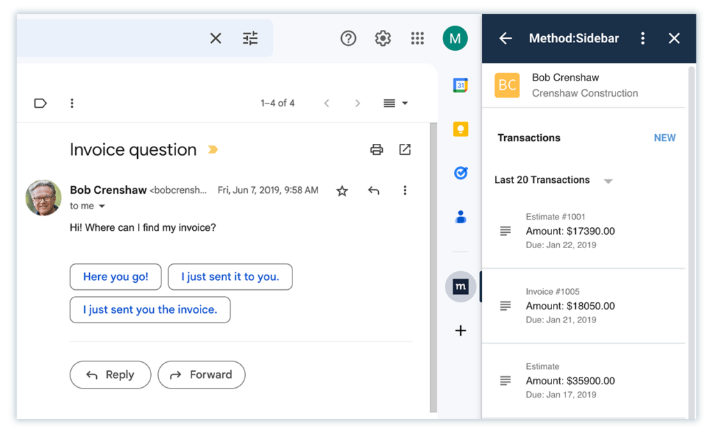 Example of Method CRM's software integration with Gmail. 