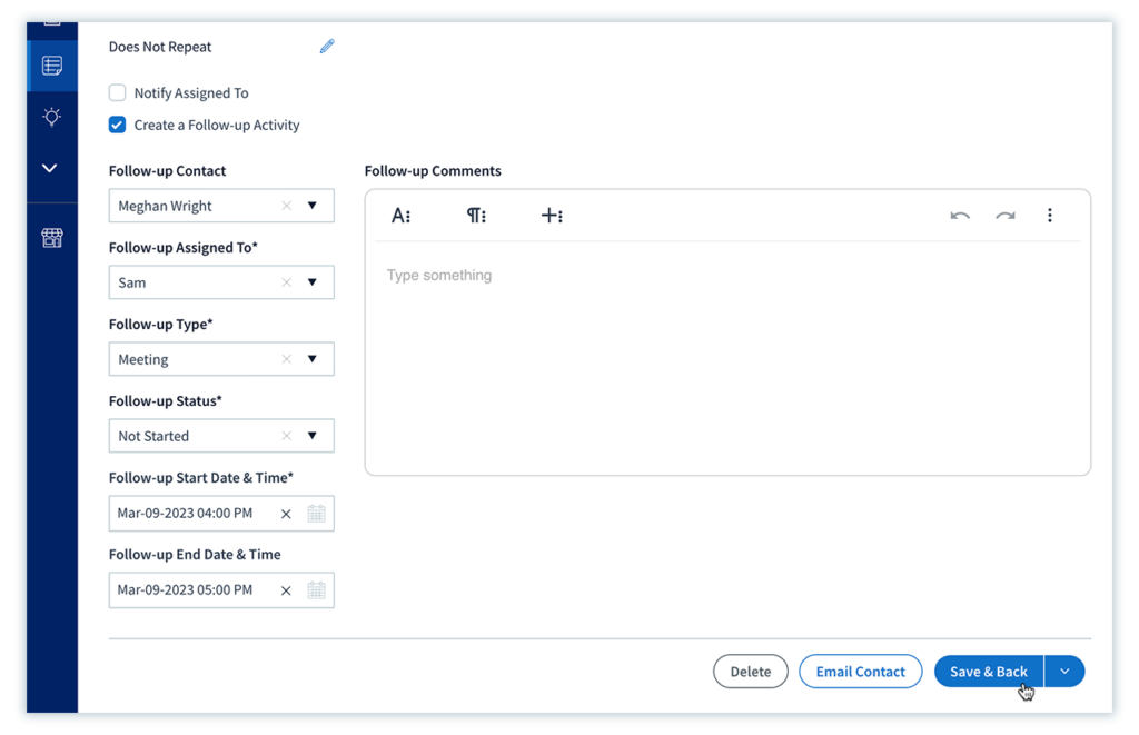 Creating a follow-up activity in Method CRM.