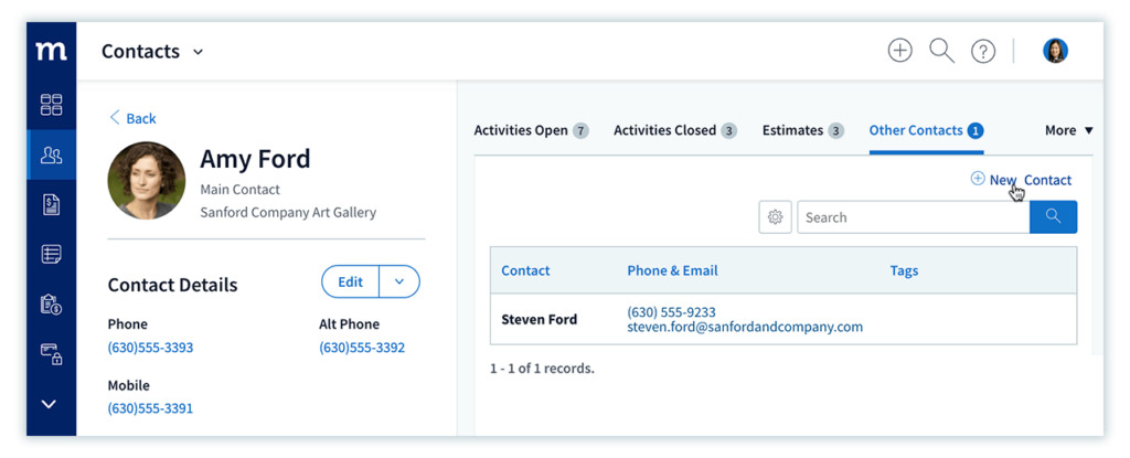 Contact view highlighting the ability to add a new contact in Method CRM.