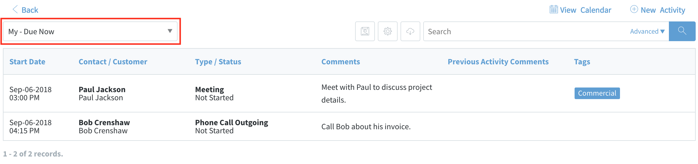 Method CRM activity list