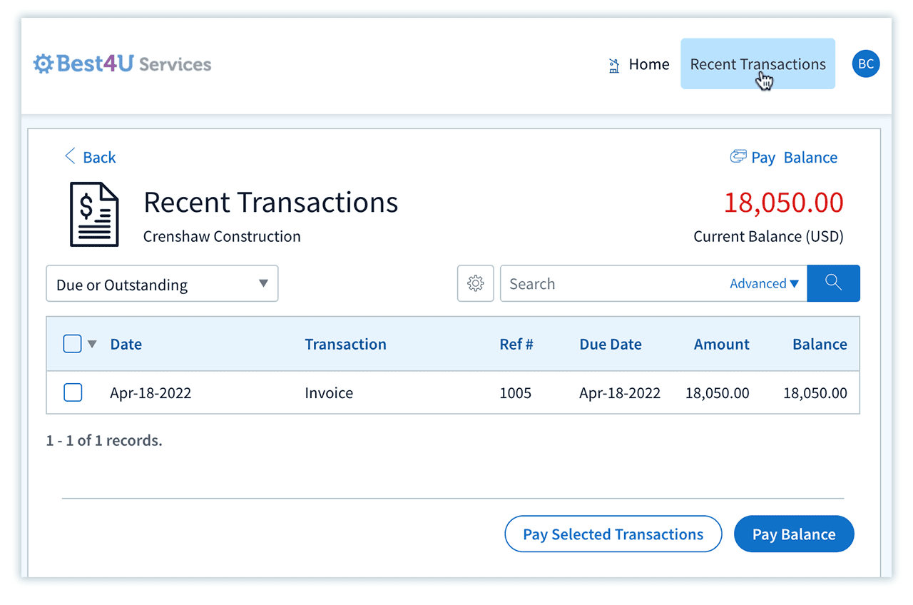 Customer portal transaction view in Method.