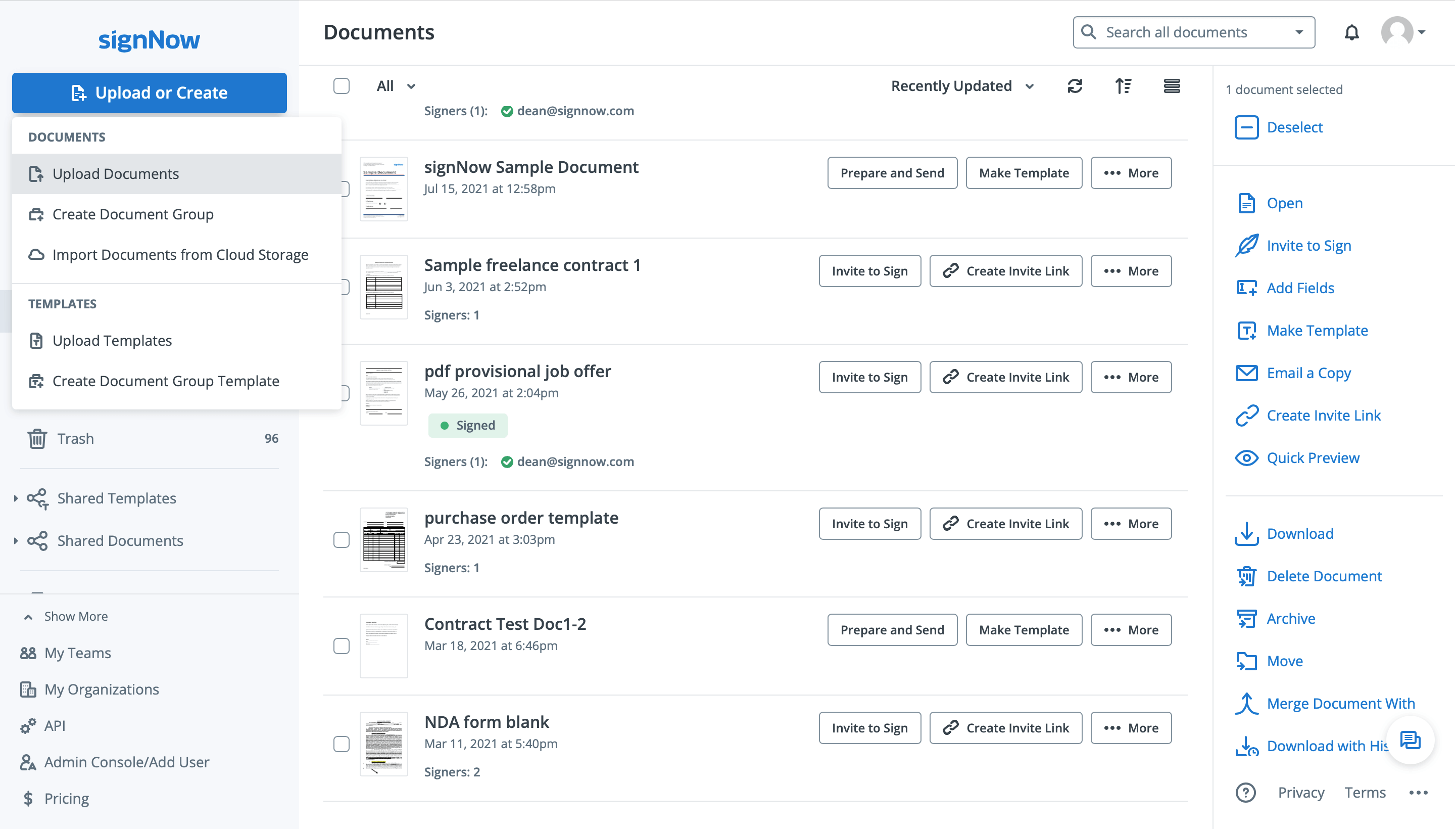 Screenshot of a SignNow dashboard.