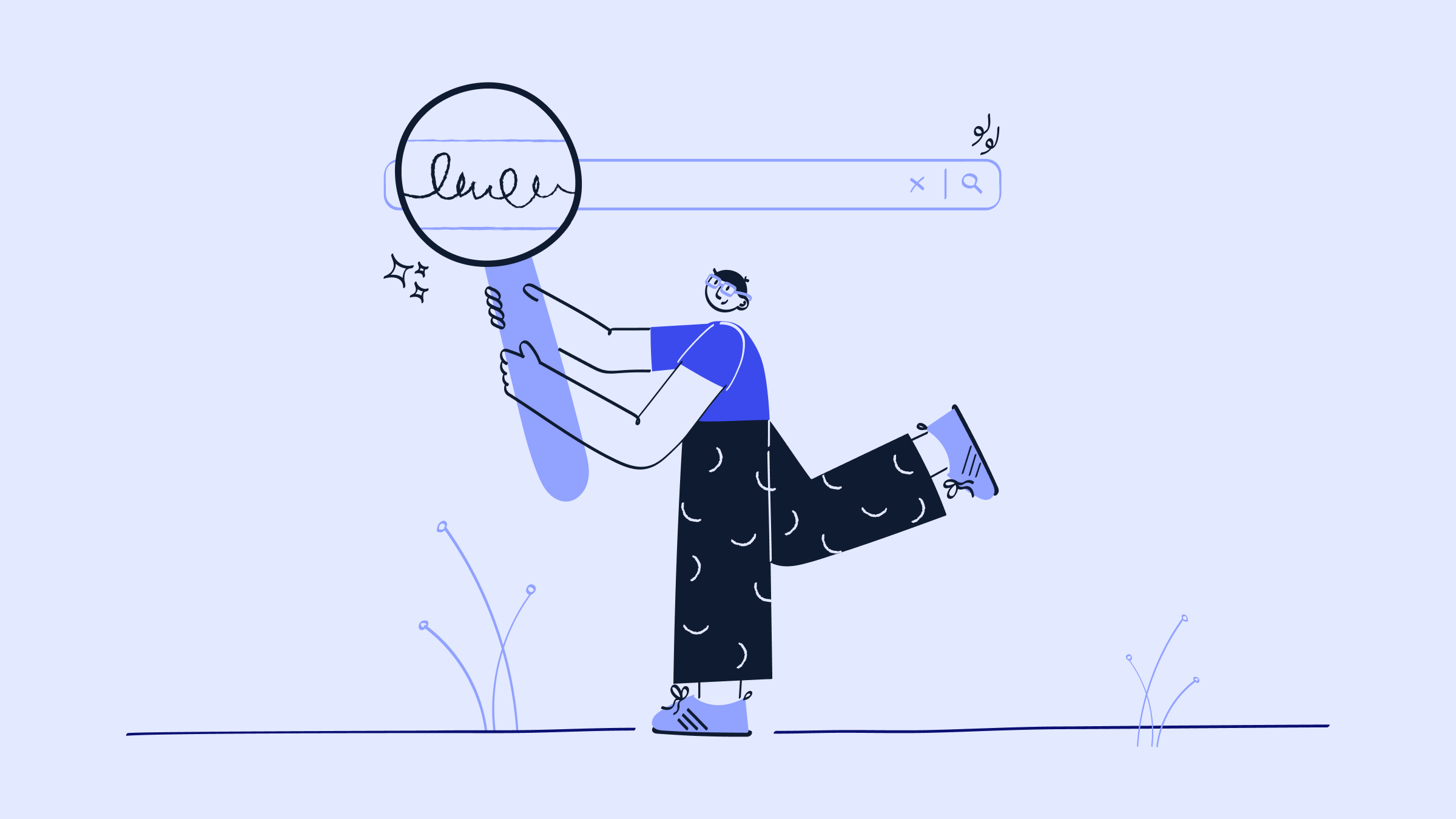 A purple illustration of someone magnifying a search bar.